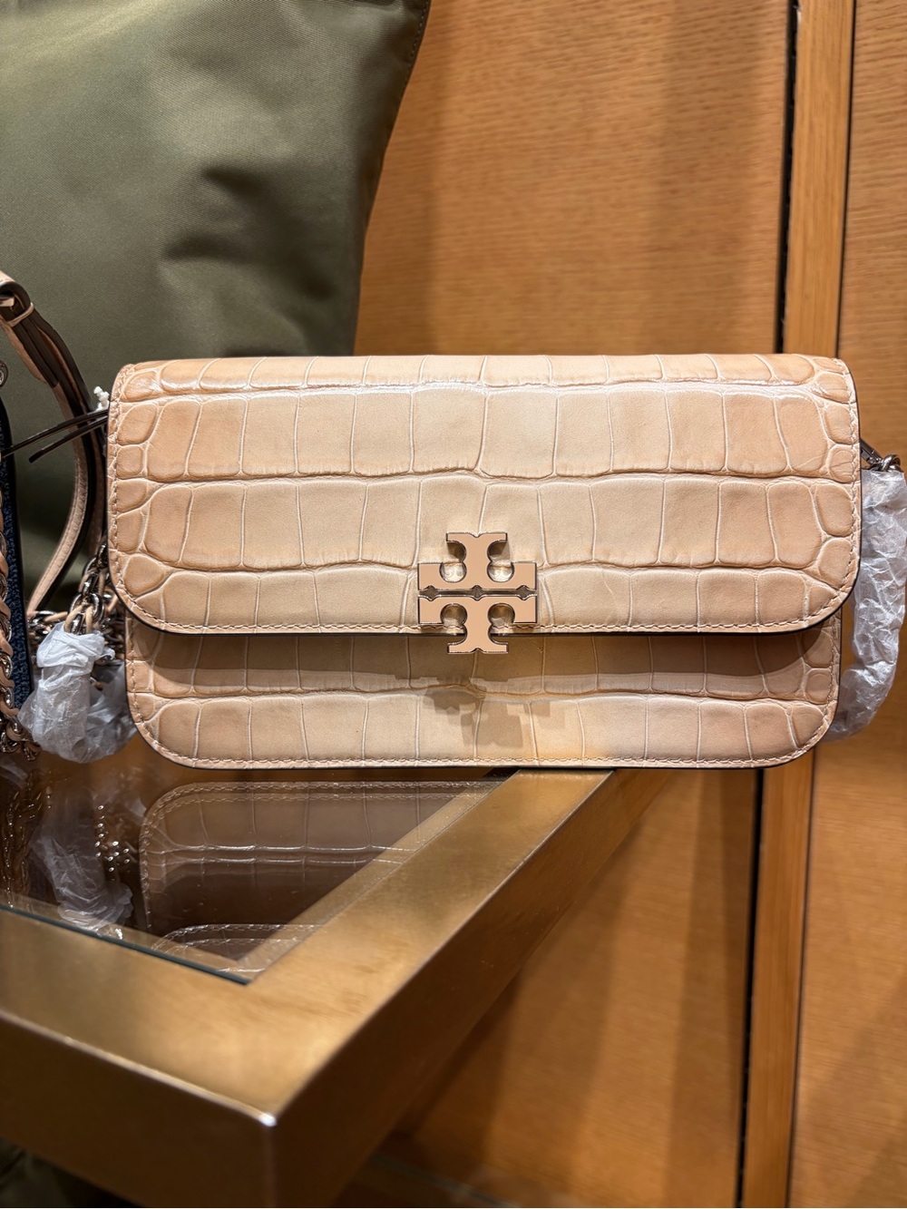 Tory Burch Croc-Embossed Beige Leather Crossbody with Logo Clasp